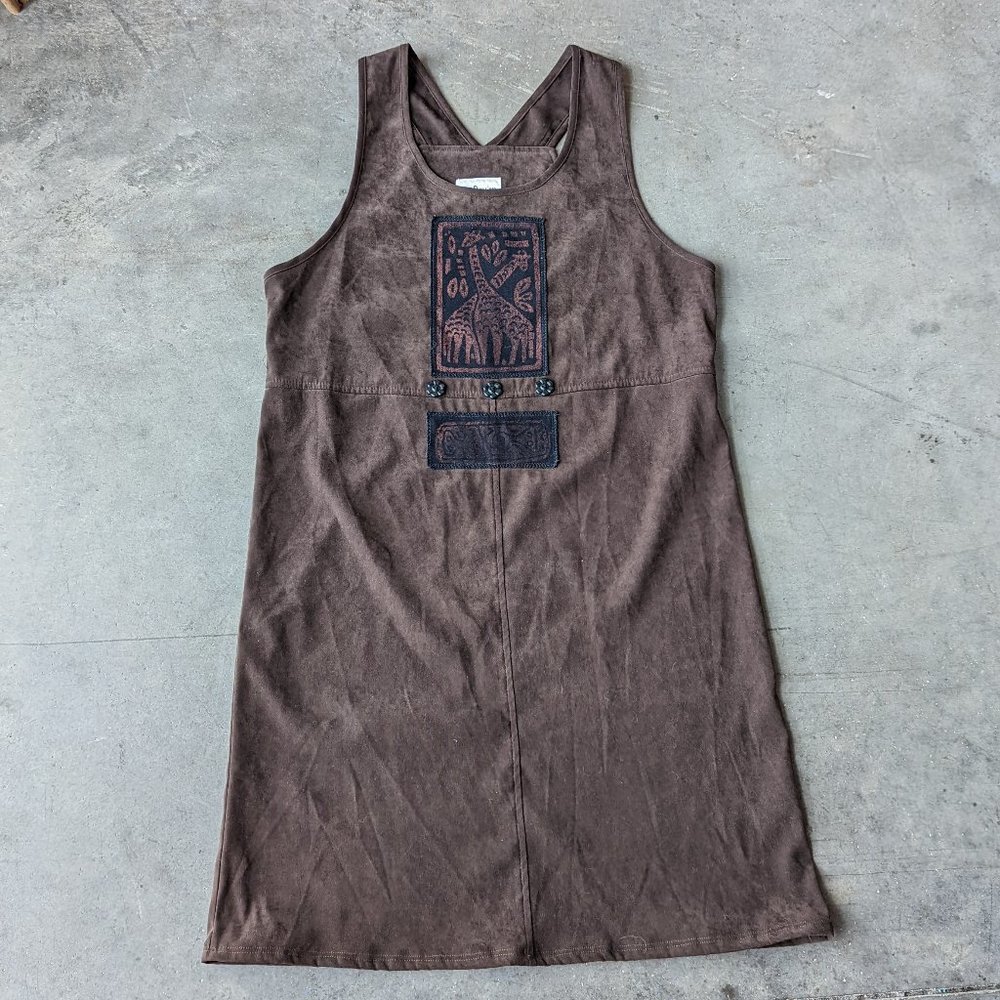Vintage 90s Giraffe Print Safari Brown Suede-Like Sleeveless Shift Dress size 6 - Picture 2 of 6